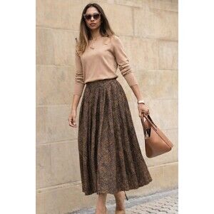 Vintage Jones NY Brown Paisley Pleated A-Line Midi Skirt Wool Blend Sz 8